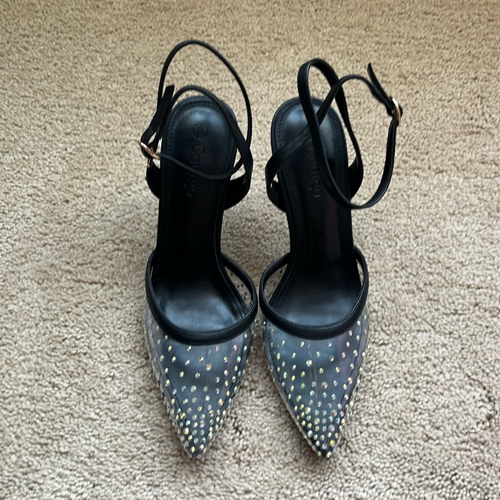 Coutgo Stiletto Heel Sandals Size 7.5 Clear Rhinestones Pointed Toe Prom Wedding
